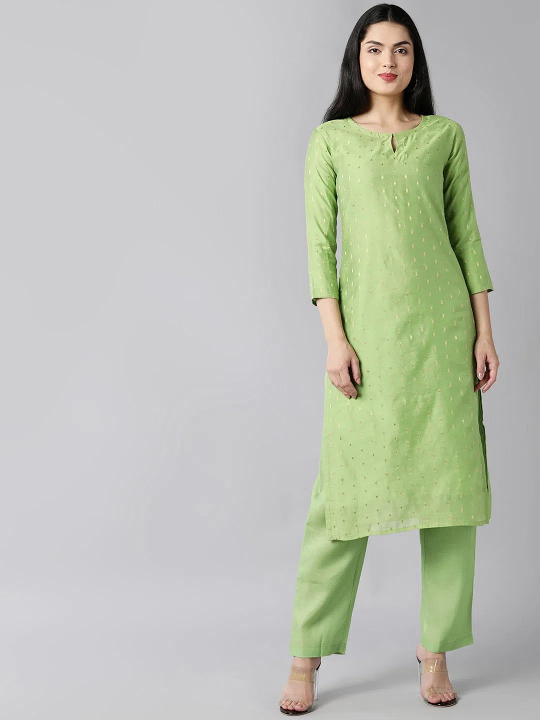 Ahika Women Green Ethnic Motifs Embroidered Regular Kurta With Trousers Set Trousers Canvas Durable