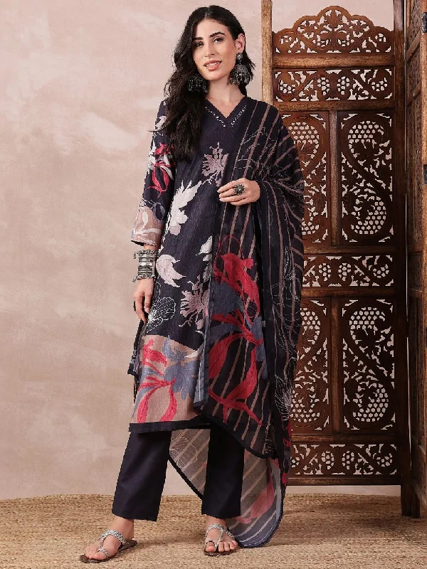 Black Silk Blend Floral Printed Straight Kurta Trouser With Dupatta Trousers Yoga Stretchy