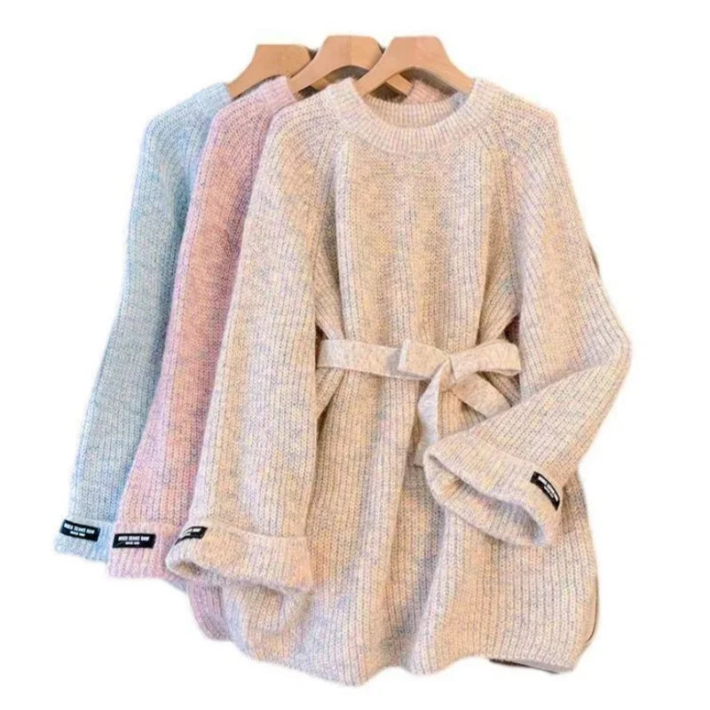 Elegant Matching Office Lady's Knitted Dress Korean New In Women's Sweater Dress Sash O-Neck Long Sleevet Pullover Chic Knitwear Button Front Sweater Elegant Matching Office Lady's Knitted Dress Korean New In Women's Sweater Dress Sash O-Neck Long Sleevet Pullover Chic Knitwear Button Front Sweater