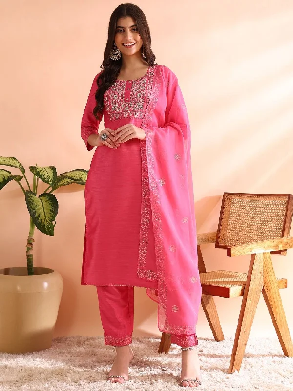 Pink Silk Blend Solid Embroidered Straight Kurta Trousers With Dupatta Trousers Vintage Classic