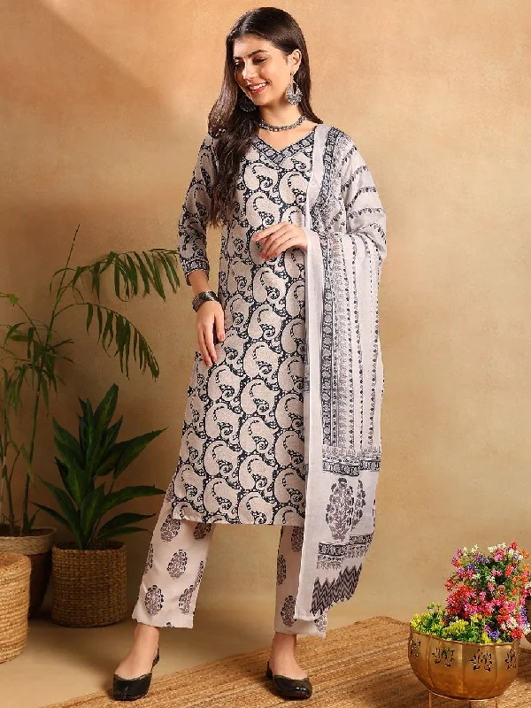 Navy Blue Rayon Blend Paisley Printed Straight Kurta Trousers With Dupatta Trousers Plaid Checkered