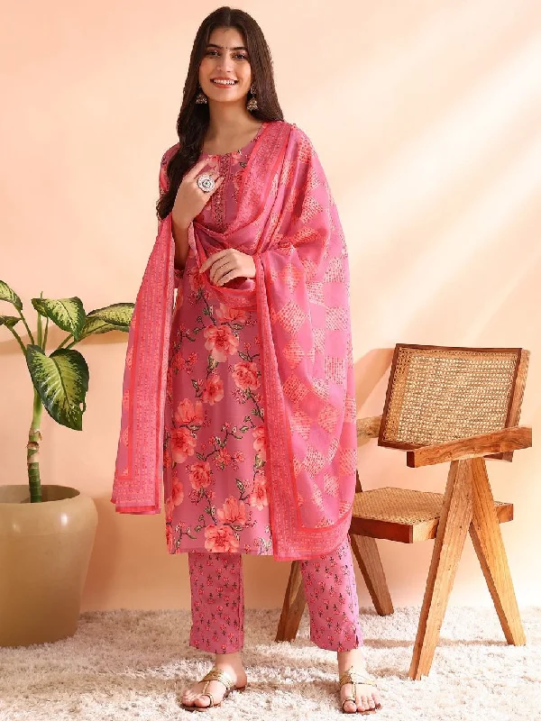 Pink Poly Rayon Floral Printed Straight Kurta Trousers With Dupatta Trousers Modern Contemporary