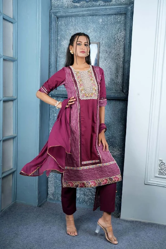 Maroon Embroidered Silk Stitched Trouser Kurta With Dupatta Trousers Culottes Wide Leg