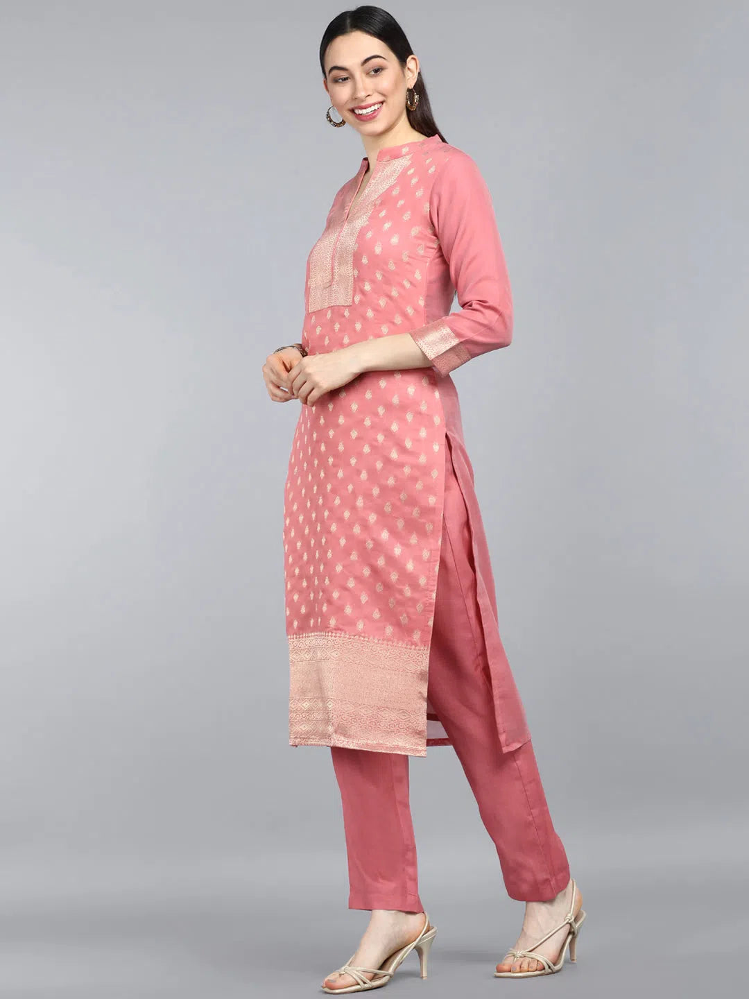 Ahika Women Peach Coloured White Floral Printed Kurta With Trousers Dupatta Trousers Running Lightweight