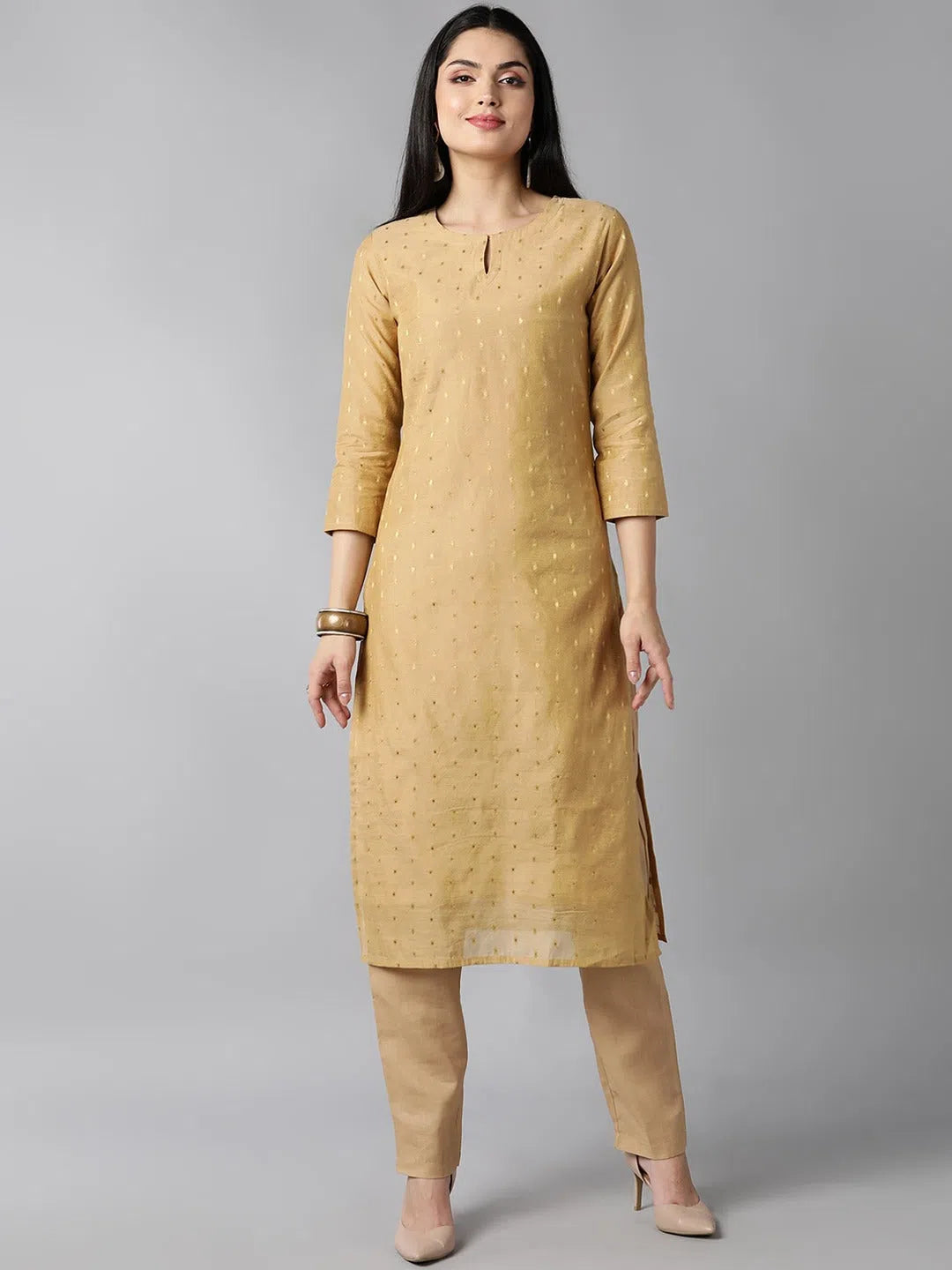 Ahika Women Beige Woven Design Regular Kurta With Trousers Set Trousers Lace Delicate