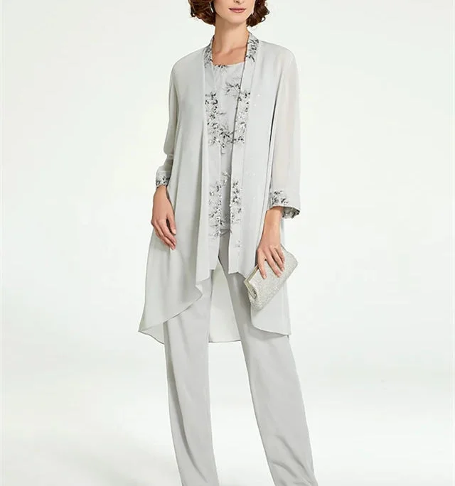 Chiffon Round Neck Floor-Length Mother of the Bride Pantsuits with Jacket Toggled Jacket Drawstring Jacket Belted Jacket