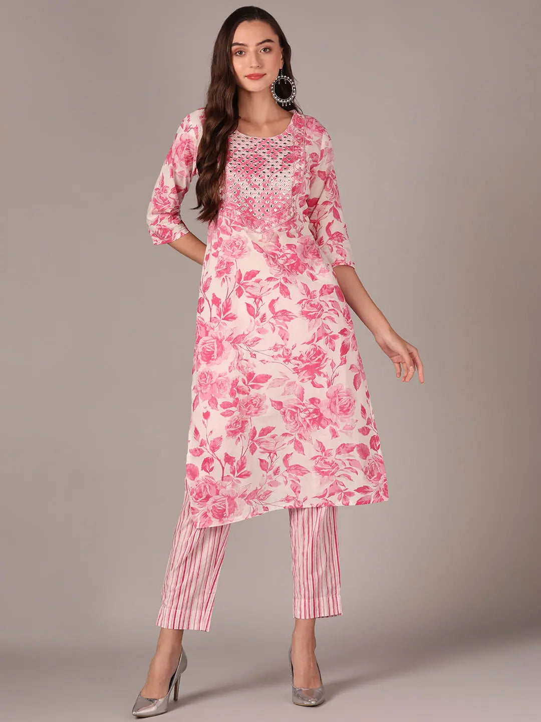 Ahika Women Pink Cotton Blend Floral Yoke Design Straight Kurta With Trouser Trousers fashionable trendy