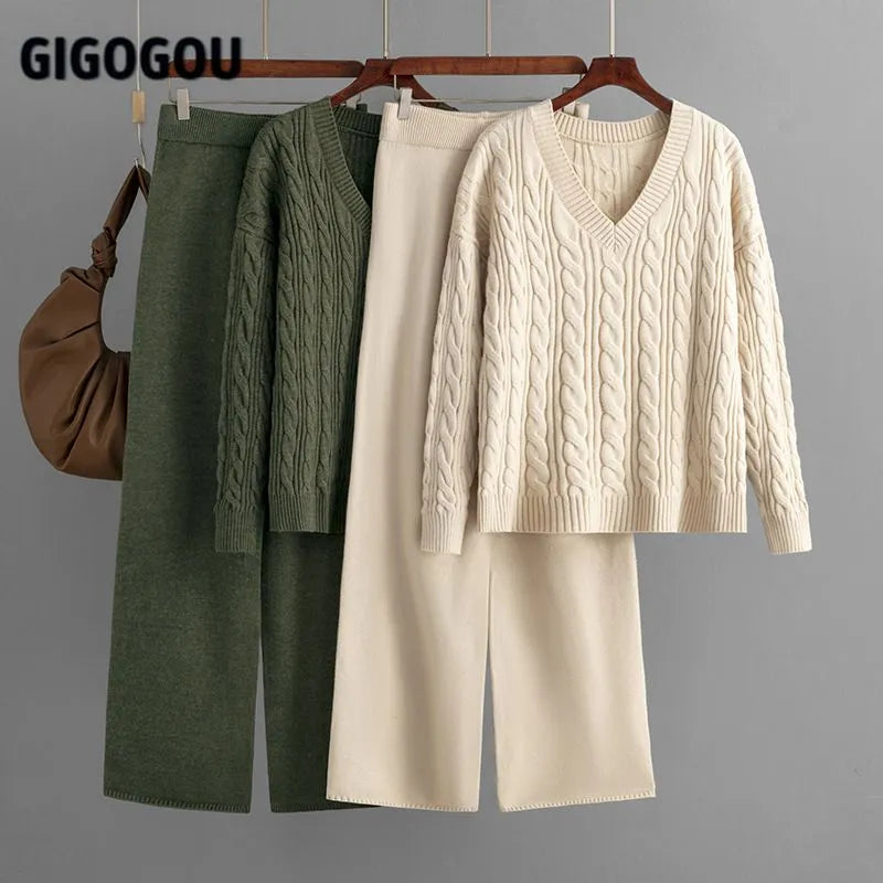 GIGOGOU Cable Twist Womens Sweater Tracksuits V Neck Knitted Pullover Sweaters + Wide Leg Pants Suits 2/Two Pieces Sets Trousers Over Sleeve Pullover GIGOGOU Cable Twist Womens Sweater Tracksuits V Neck Knitted Pullover Sweaters + Wide Leg Pants Suits 2/Two Pieces Sets Trousers Over Sleeve Pullover