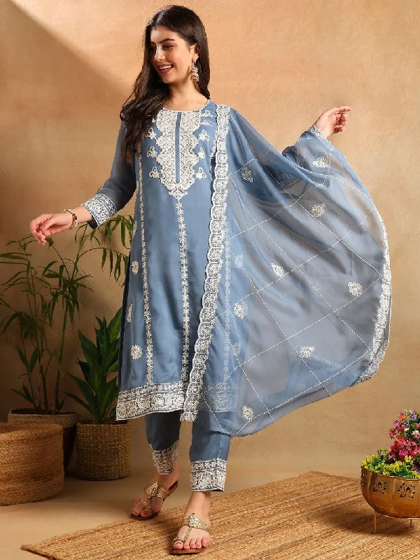 Blue Organza Solid Embroidered Straight Kurta Trousers With Dupatta Trousers Cargo Utility