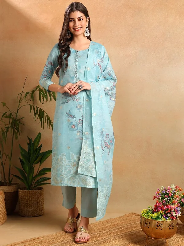 Blue Linen Blend Floral Woven Design Straight Kurta Trousers With Dupatta Trousers Culottes Wide Leg