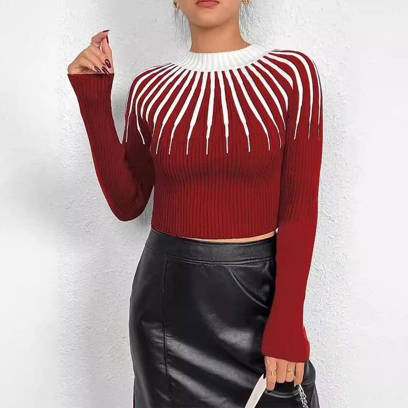 European And American Classic Striped Threaded Neckline Pullover Sweater Mock Neck Pullover