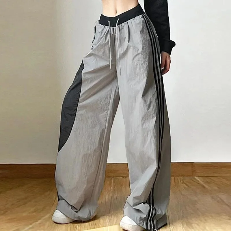 Advbridge High Street Fashion Lady Stitch Color Loose Sweatpants Women Joggers Summer High Waist Drawstring 2yk Pants Long Trouser Trousers Palazzo Wide Leg