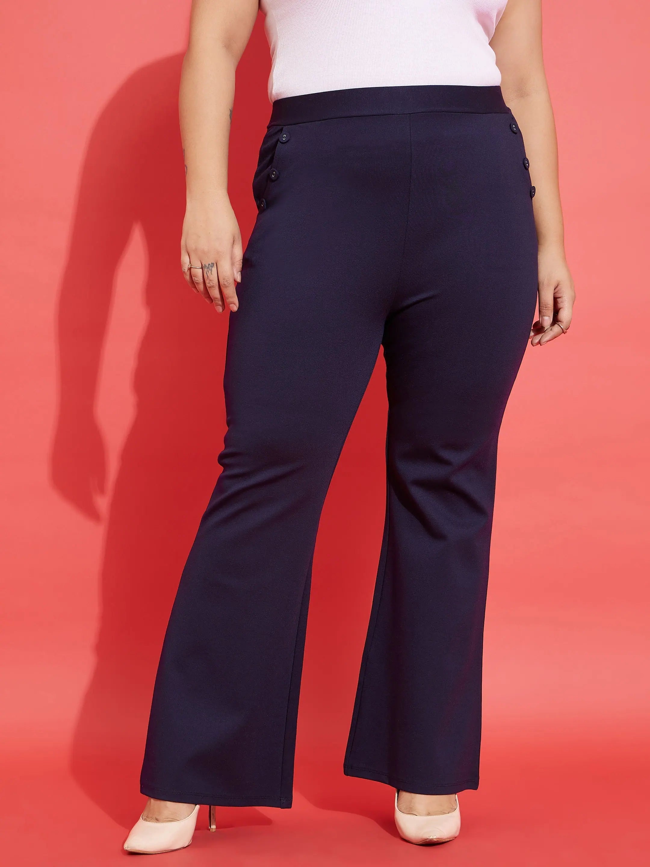 Women Navy Pocket Button Bell Bottom Trousers Trousers Travel Practical