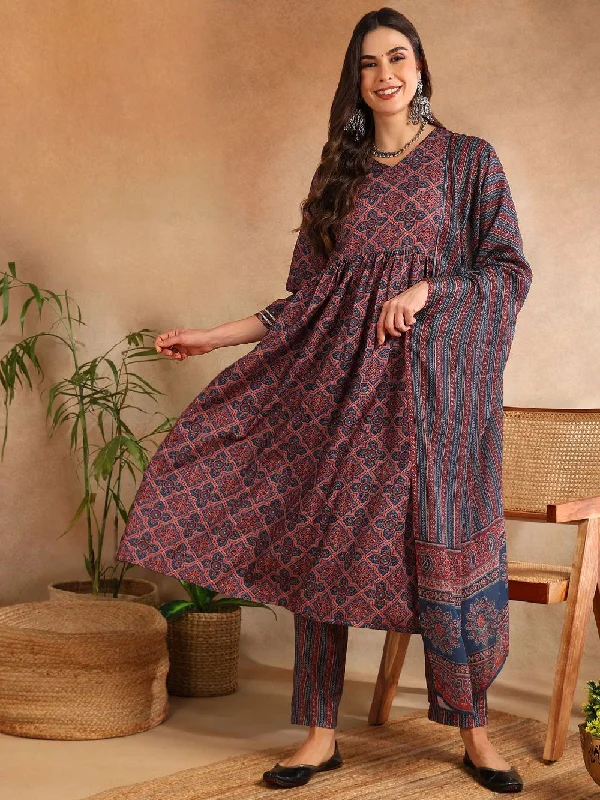 Maroon Rayon Blend Ajrakh Printed A-Line Kurta Trouser With Dupatta Trousers Party Sparkling