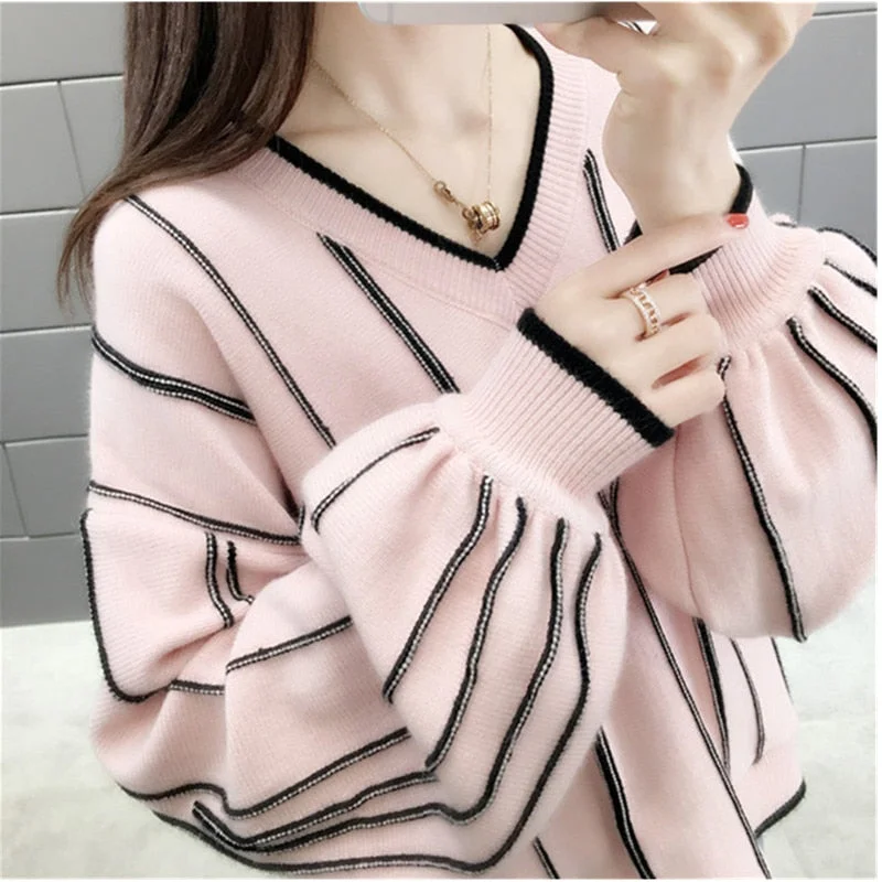 Autumn Winter New Knitted Sweater Women Loose wild V Neck Striped Pullover Open Neck Pullover Autumn Winter New Knitted Sweater Women Loose wild V Neck Striped Pullover Open Neck Pullover