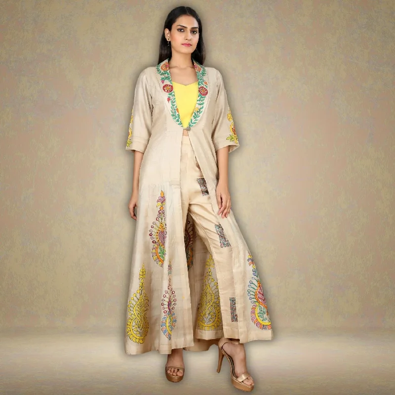 Niya Tussar Silk Floral Long Jacket | Madhubani Hand-Painted | Beige Chenille Fabric Brocade Fabric Lace Fabric