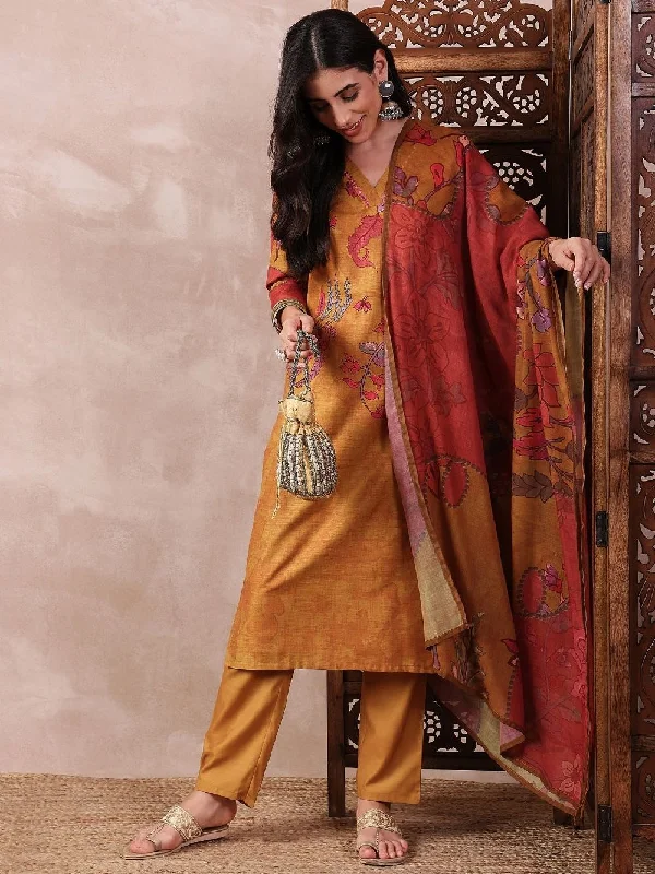 Mustard Silk Blend Floral Printed Straight Kurta Trouser With Dupatta Trousers Hiking Durable