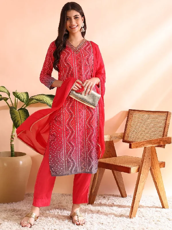 Red Silk Blend Bandhani Printed Straight Kurta Trousers With Dupatta Trousers Fall Fleece