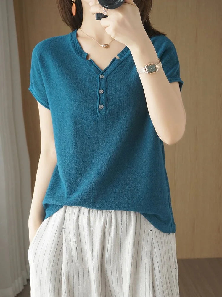 TuangBiang Summer Cotton Retro Pullover 2023 Vintage Button V-Neck Short Sleeves Knit T-Shirts Women Autumn Thin Blue Cuffs Tops Fitted Ribbed Sweater TuangBiang Summer Cotton Retro Pullover 2023 Vintage Button V-Neck Short Sleeves Knit T-Shirts Women Autumn Thin Blue Cuffs Tops Fitted Ribbed Sweater