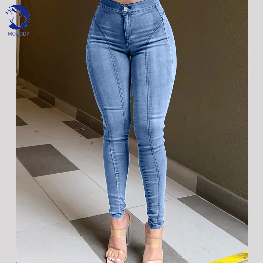 Advbridge Sexy Women's Skinny Pencil Jeans Skinny Denim Jeans Elastic Mid Waist Jeans Stretch Pants Streetwear Tight Fashion Trousers Trousers Denim Blue