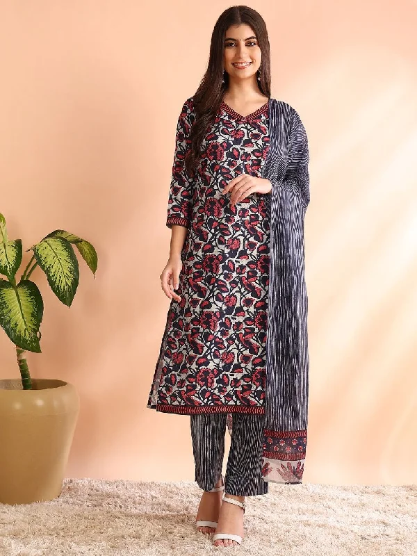 Grey Rayon Blend Floral Printed Straight Kurta Trouser With Dupatta Trousers versatile functional