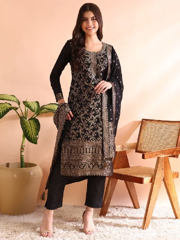 Black Chanderi Cotton Woven Design Straight Kurta Trousers With Dupatta Trousers Top Rated