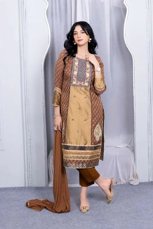 Brown Embroidered Silk Stitched Trouser Kurta With Dupatta Trousers Bootcut Casual