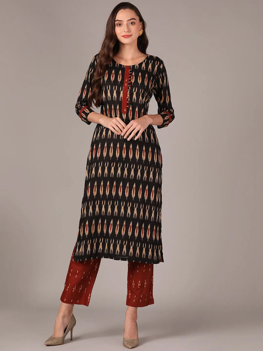 Ahika Women Black Cotton Blend Ethnic Motifs Printed Straight Kurta With Trouser-VKSET1437A_XS Trousers stylish modern