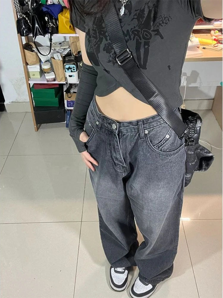 Advbridge Vintage Black Baggy Jeans Women Korean Streetwear Oversize Harajuku High Waist Pants Grunge Y2K Denim Wide Leg Trousers Trousers Pleated Formal