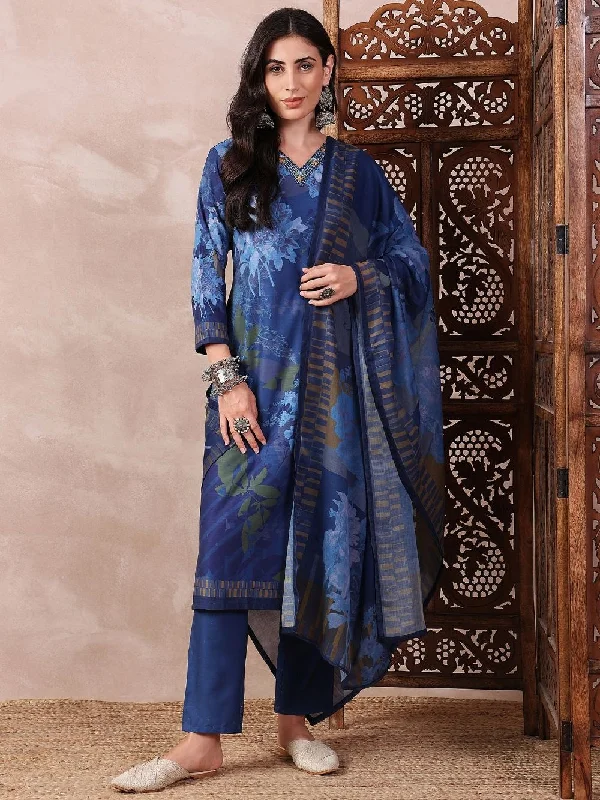 Blue Silk Blend Floral Printed Straight Kurta Trouser With Dupatta Trousers Evening Elegant