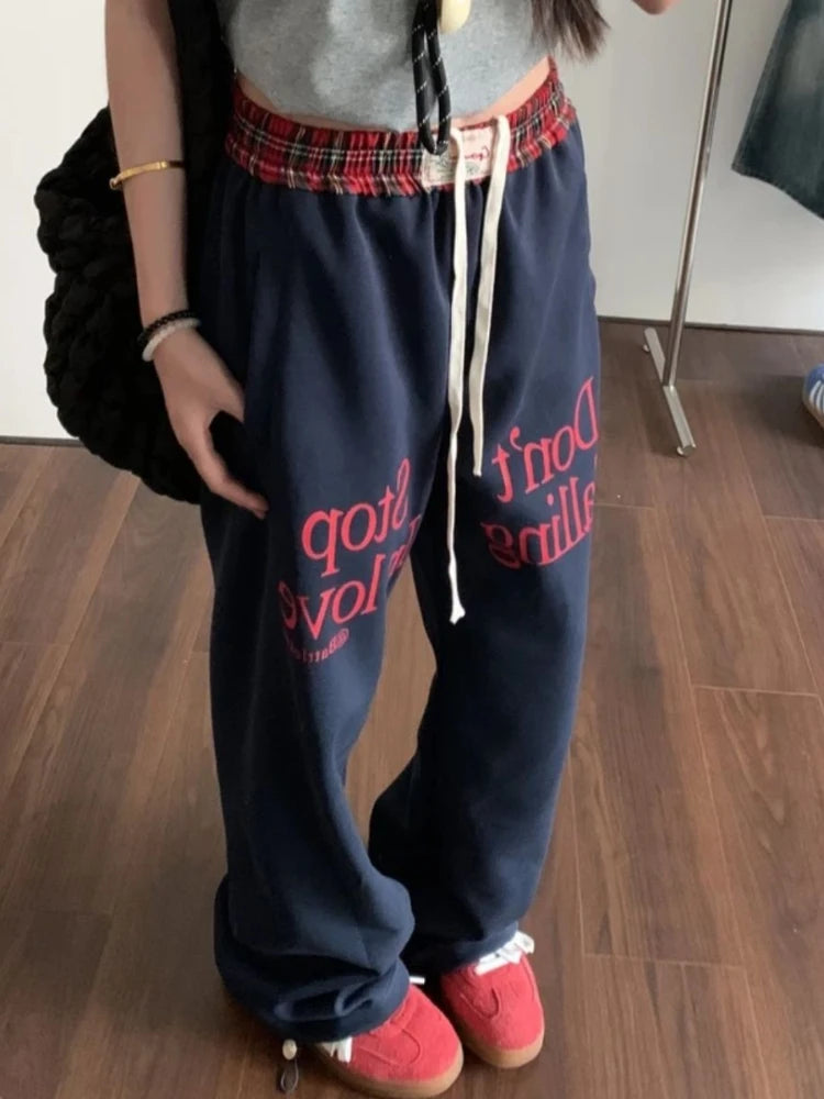 Advbridge Vintage Women Sweatpants Baggy Korean Preppy Style Retro Trousers Streetwear Y2k Letter Printed Wide Leg Patchwork Pants Trousers Floral Bohemian