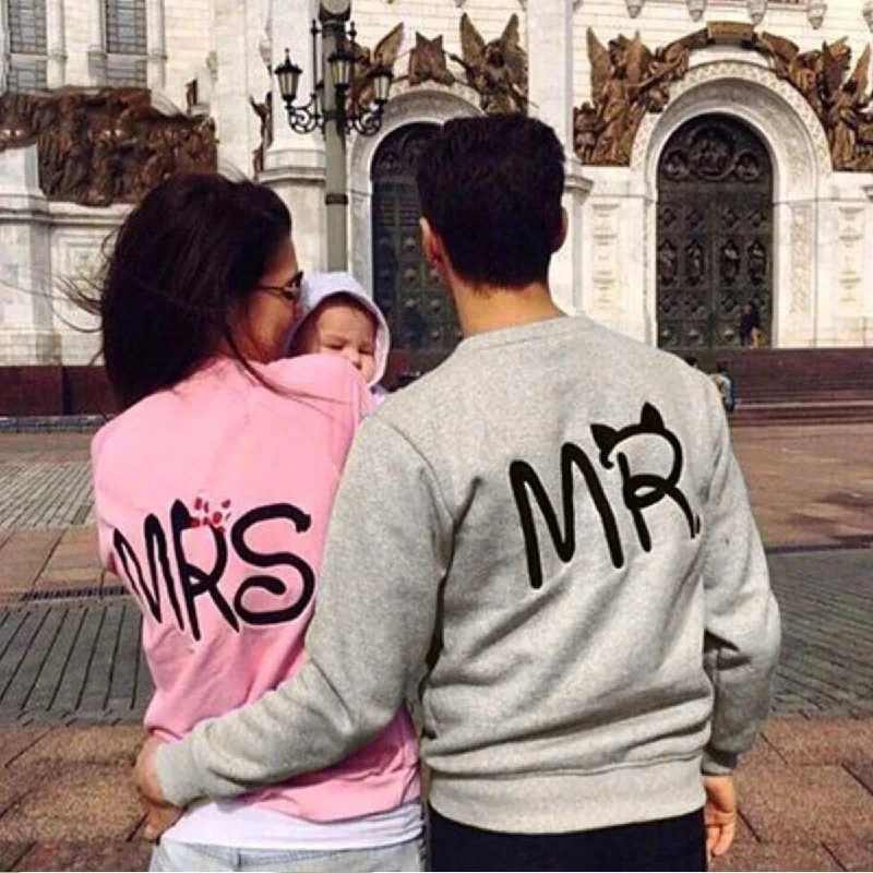 Fashion Casual Long Sleeve Mr Mrs Letter Print Pullover Hoodies Couples Lovers Sweatshirts For Men And Women Ruffle Neck Pullover