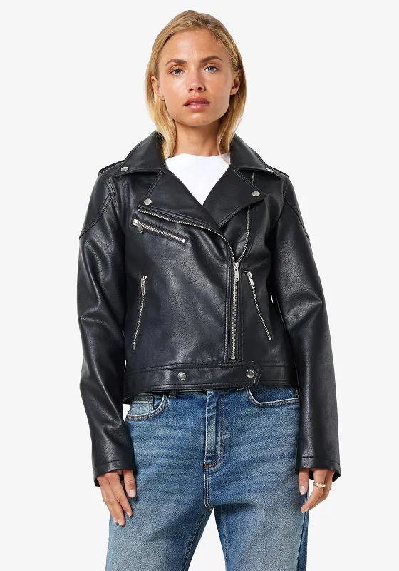 Noisy May Rollo Faux Leather Biker Jacket, Black Collared Jacket Crew Neck Jacket Turtle Neck Jacket