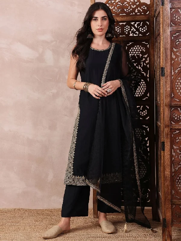 Black Silk Blend Solid Embroidered Straight Kurta Trouser With Dupatta Trousers Prom Sequined