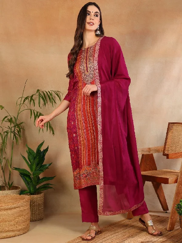 Purple Silk Ethnic Motifs Woven Design Straight Kurta Trouser With Dupatta Trousers Canvas Durable