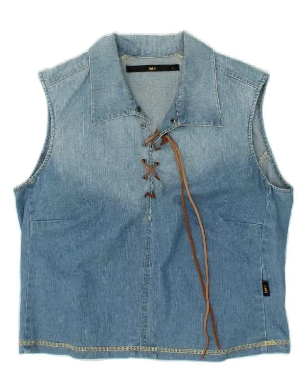 LEE Womens Crop Sleeveless Pullover Shirt UK 16 Large Blue Colourblock Scalloped Neck Pullover LEE Womens Crop Sleeveless Pullover Shirt UK 16 Large Blue Colourblock Scalloped Neck Pullover