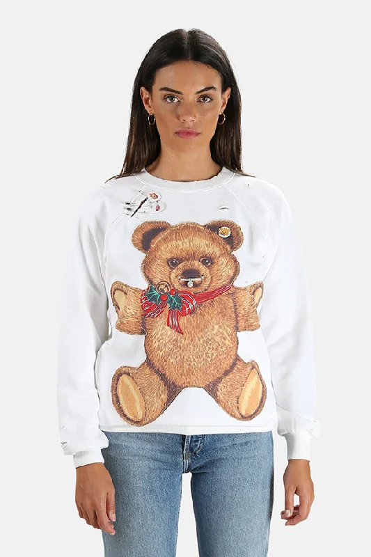 Punk Teddy Bear Crewneck Sweatshirt Dirty White Hoodie with Bell Sleeves Flared Feminine