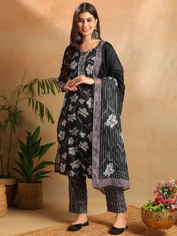 Black Rayon Blend Floral Printed Straight Kurta Trousers With Dupatta Trousers Corduroy Warm