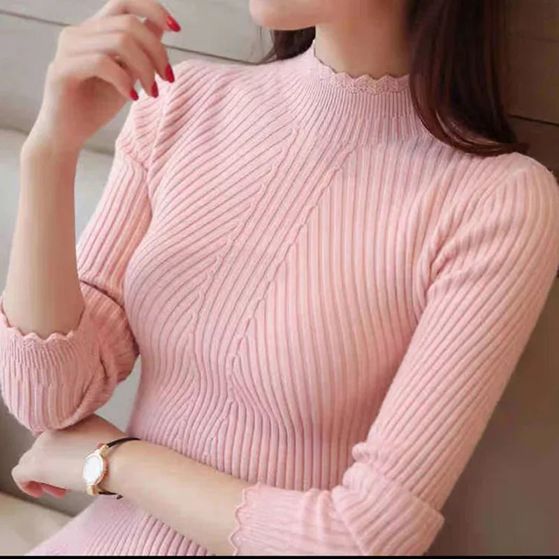 Women Mock Neck Ruffles Sweater Long Sleeve Knitted Pullovers Sweater Wool Sweater Cotton Sweater Cashmere Sweater