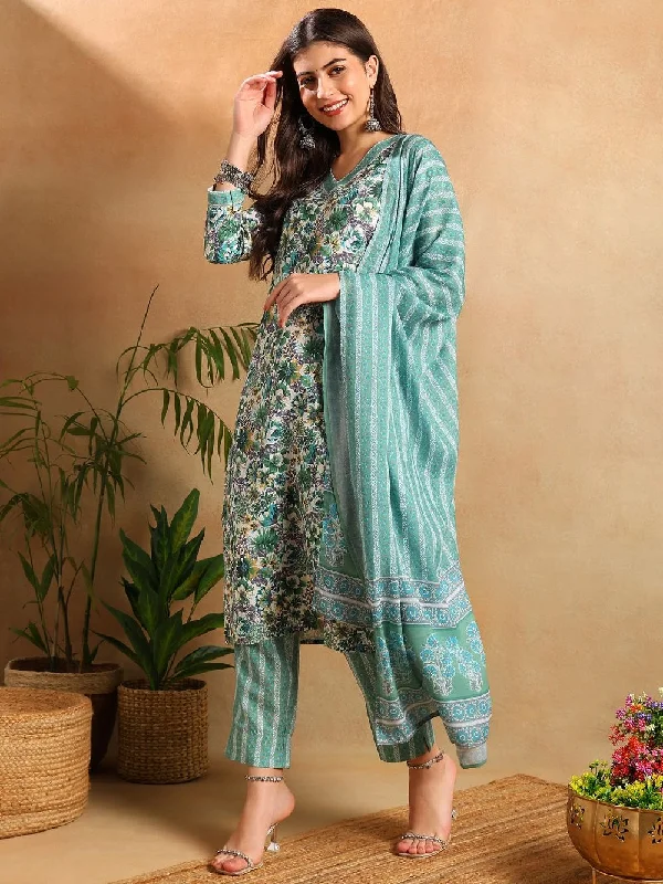 Green Poly Rayon Floral Printed Straight Kurta Trousers With Dupatta Chinos Cotton Straight Leg