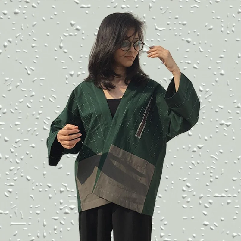 Bottle Green Kimono Jacket | Stylish | Oversized | Hand-Crafted | Kantha Embroidery Tailored Jacket Straight Jacket A-Line Jacket