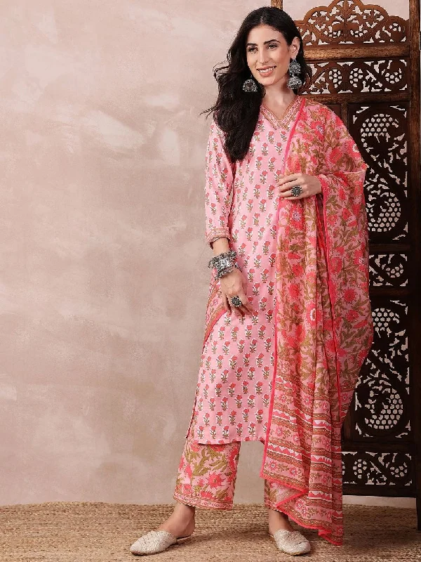 Pink Rayon Blend Floral Printed Straight Kurta Trouser With Dupatta Trousers Bridal Satin