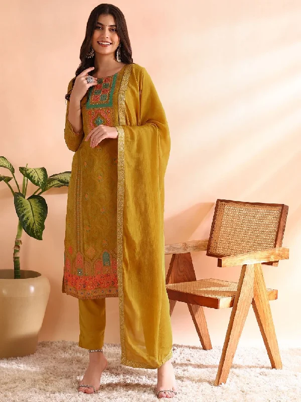 Mustard Silk Blend Abstract Woven Design Straight Kurta Trousers With Dupatta Trousers New Arrival