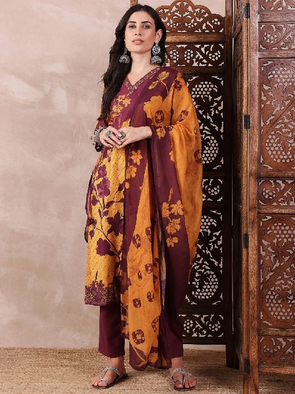 Yellow Silk Blend Floral Printed Straight Kurta Trouser With Dupatta Trousers Seasonal Trendy