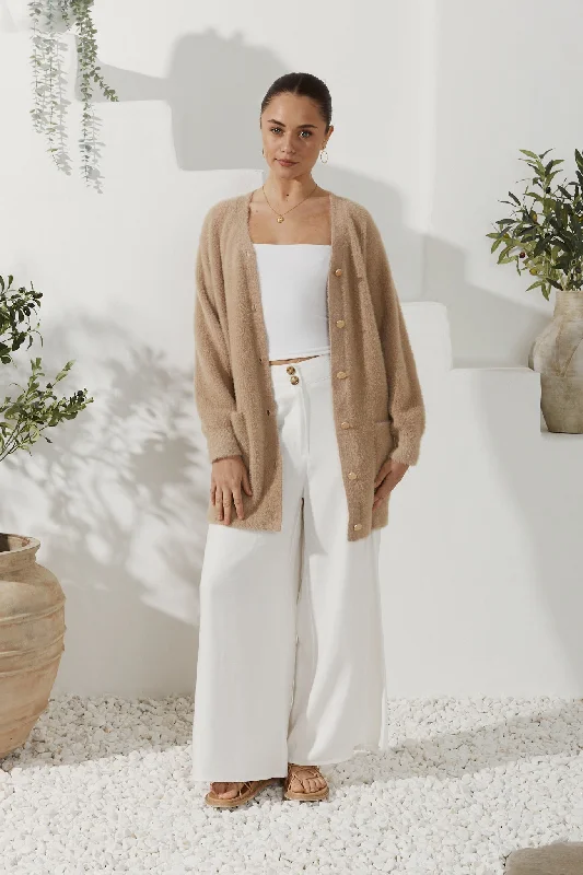 Imogen Beige Longline Fluffy Knit Cardigan Toggled Drawstring Belted