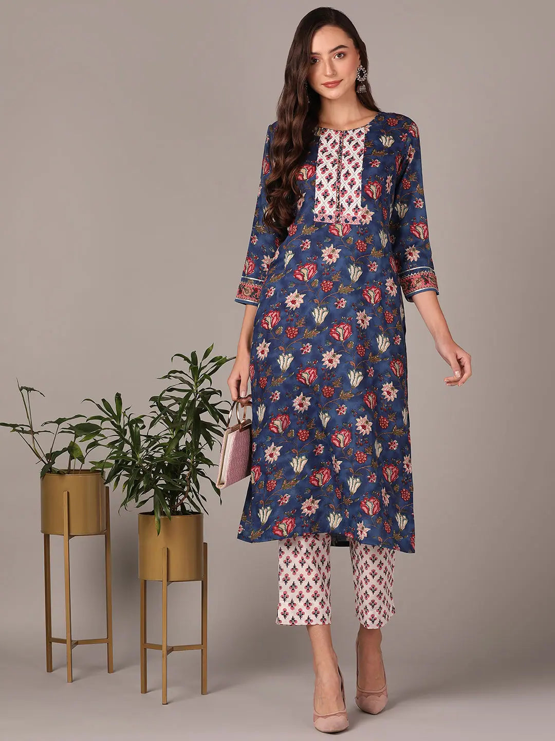 Ahika Women Blue Cotton Blend Floral Printed Straight Kurta With Trouser Trousers cozy soft