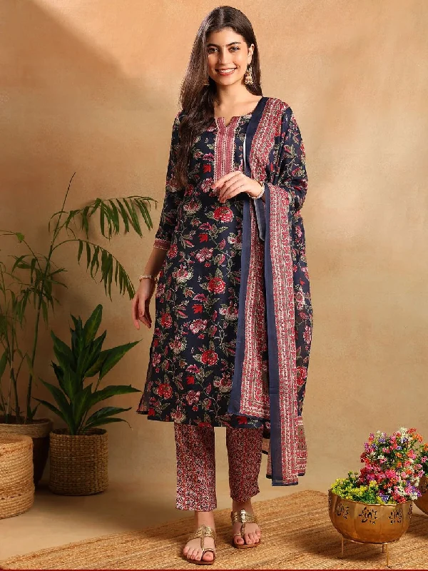 Navy Blue Rayon Blend Floral Printed Straight Kurta Trousers With Dupatta Trousers Polka Dot Cute