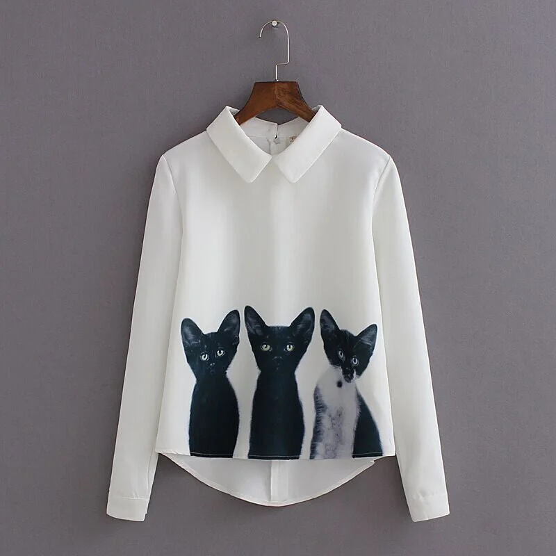 Fashion Cats Printed Pullover Shirts Long Sleeve Casual Women Korean White Blouse T2 Short Sleeve Top