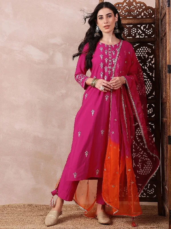 Pink Silk Blend Solid Embroidered Straight Kurta Trouser With Dupatta Trousers Formal Black