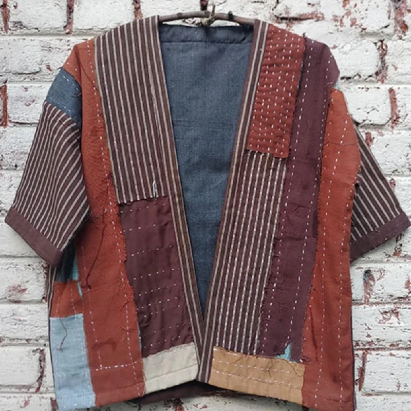 Rust Kantha Kimono Jacket | Patch Style | Hand-Crafted | Kantha Embroidery Zip Front Button Front Snap Front